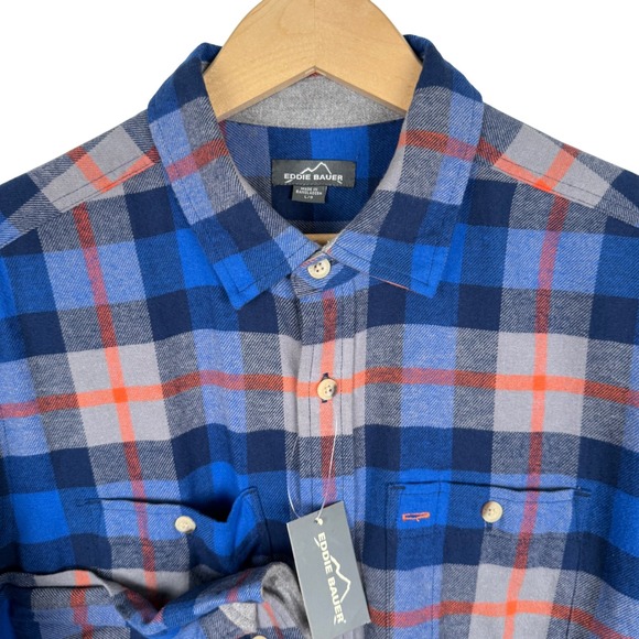 Eddie Bauer Mens L Flannel Shirt Blue Tangerine Plaid Long Sleeve Cotton Outdoor - Picture 1 of 7